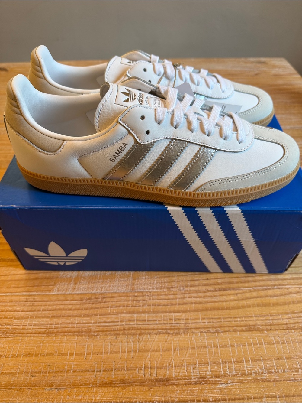 adidas Samba is Women’s White with Gum Sole and Silver Stripes